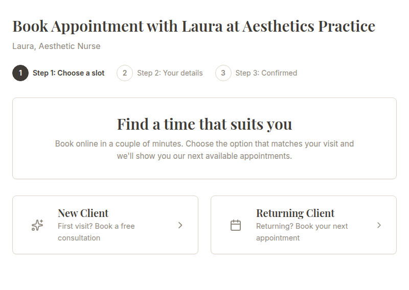 Public treatment booking landing page