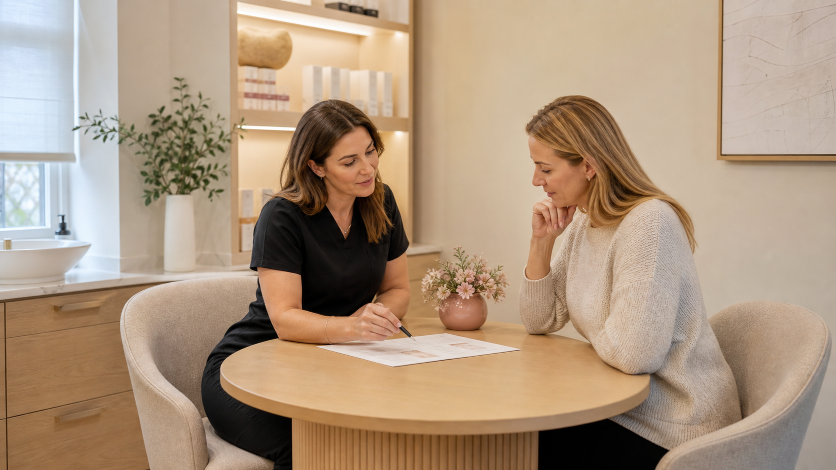 An aesthetic practitioner and client discussing a treatment plan