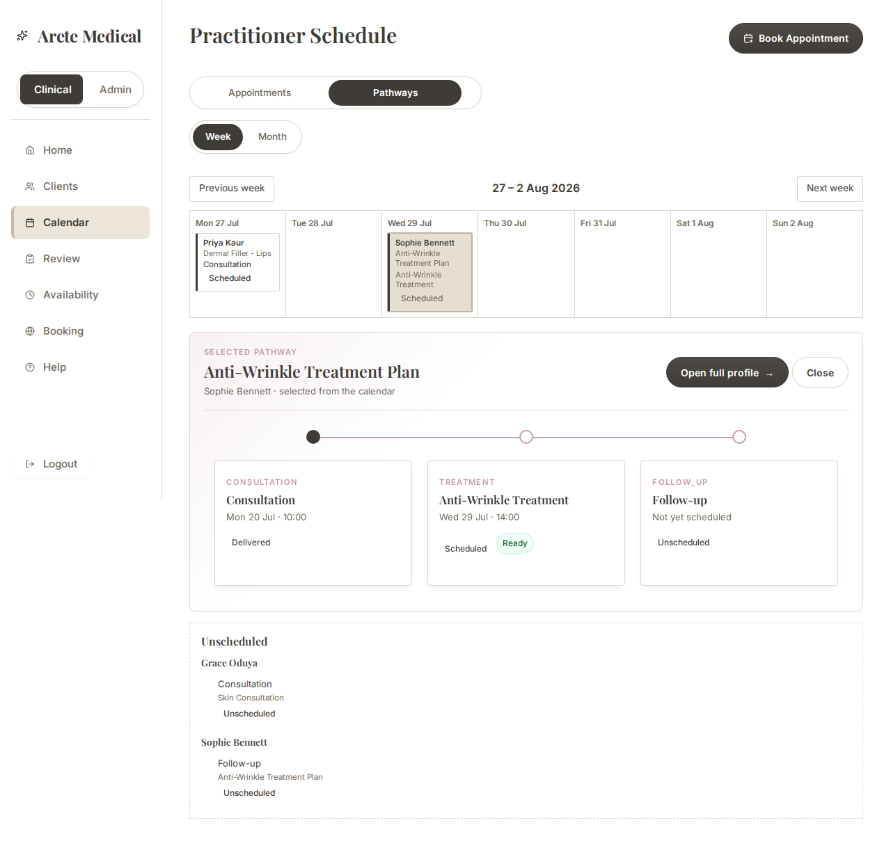 Pathway tracking in Arete Medical — practice calendar and a client's treatment pathway